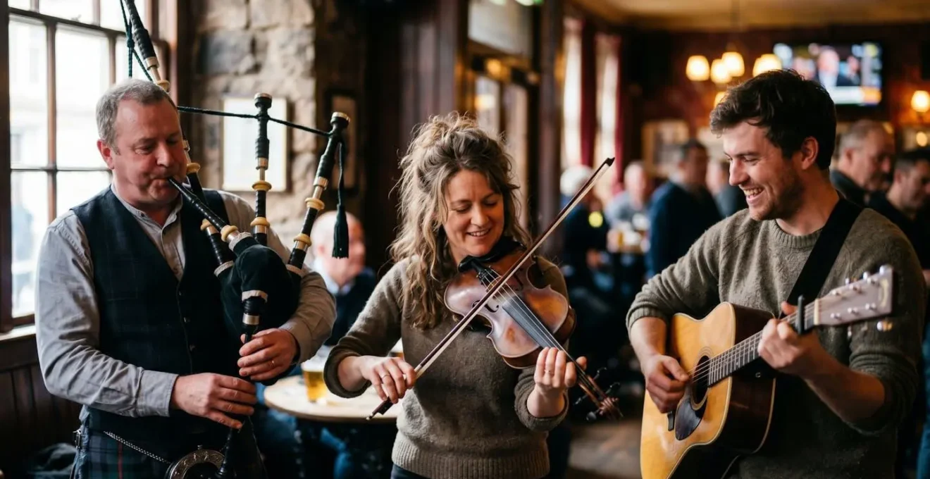 Traditional Scottish musicians performing with instruments intertwined in collaborative session