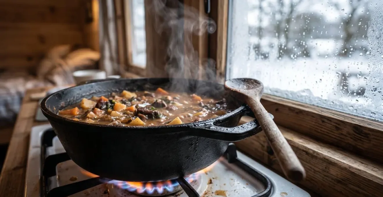 Macro shot of steam rising from cast iron pot on gas hob inside cozy glamping pod