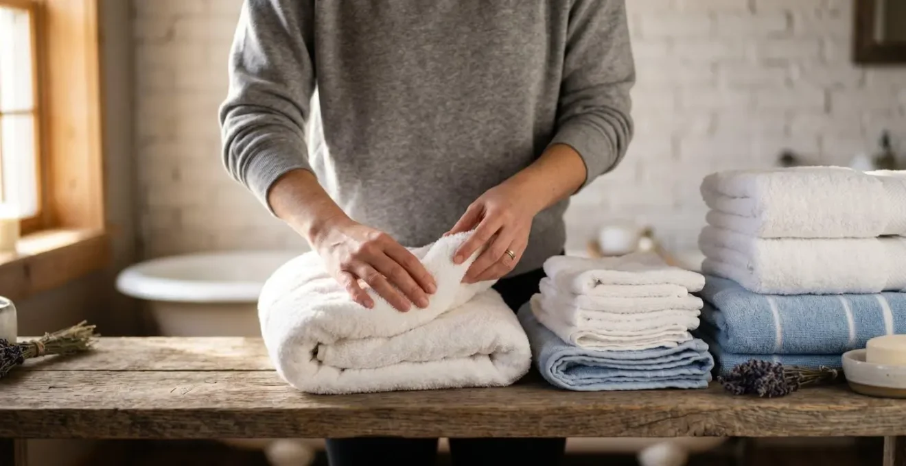 High-quality cottage linens and towels arranged showing texture and comfort