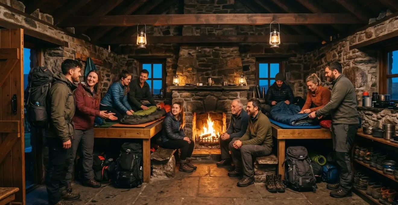 Multiple hikers sharing a crowded bothy interior around a fireplace
