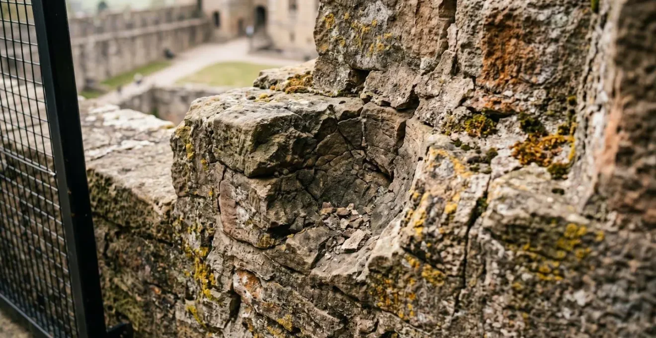 Close-up of deteriorating medieval castle masonry showing battle scars and natural erosion