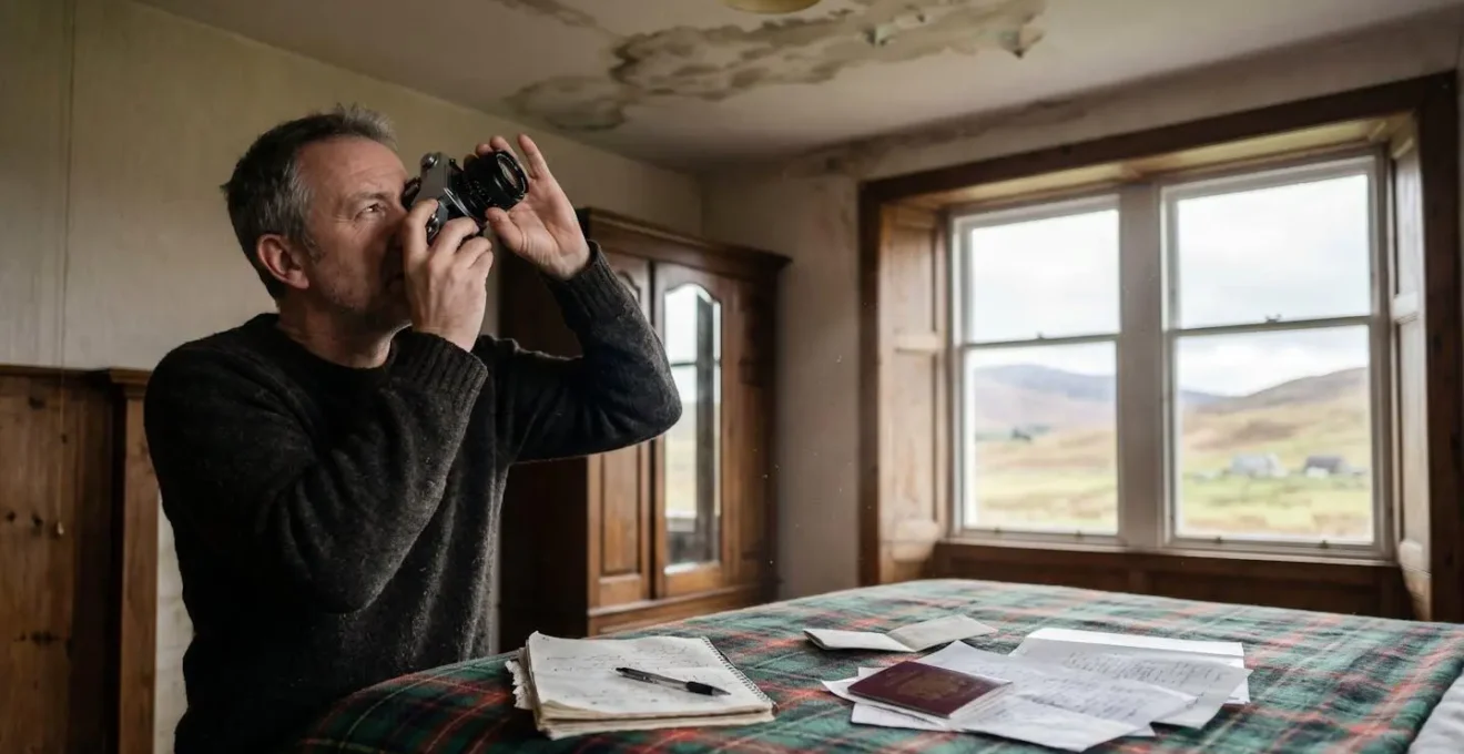 Guest documenting accommodation problems with camera in traditional Scottish room