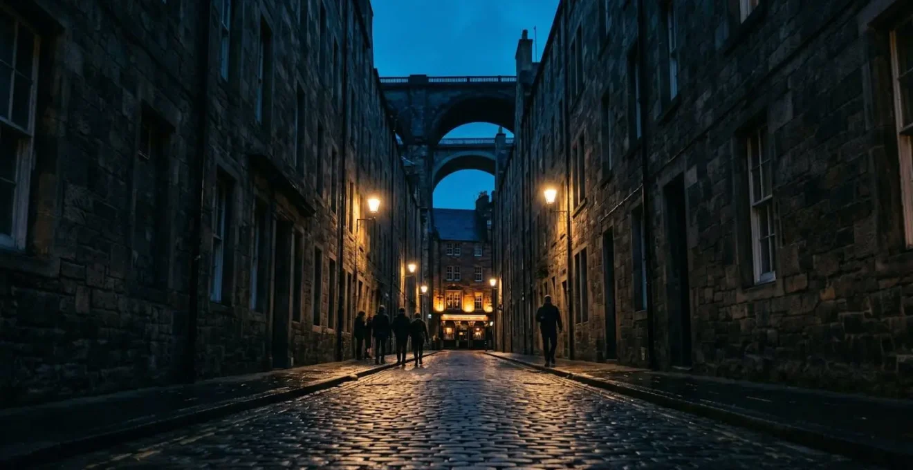Atmospheric night view of Edinburgh's Cowgate valley between towering stone walls