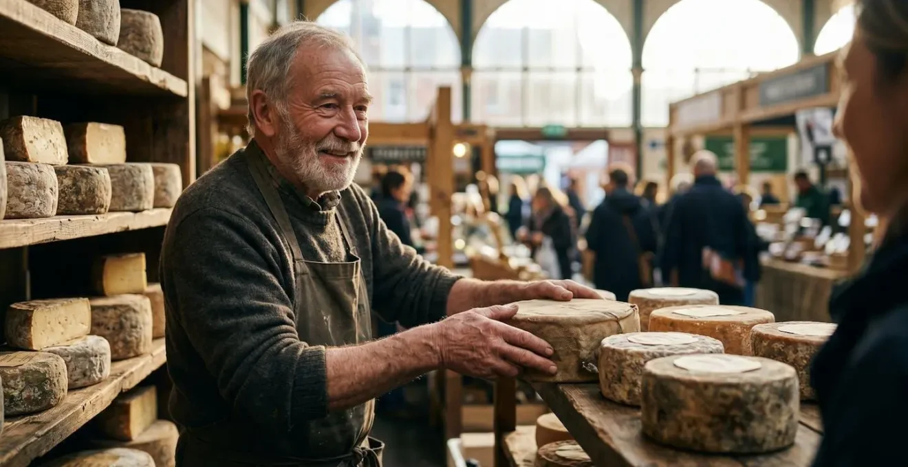 Scottish cheesemonger displaying artisanal products at a traditional Edinburgh market