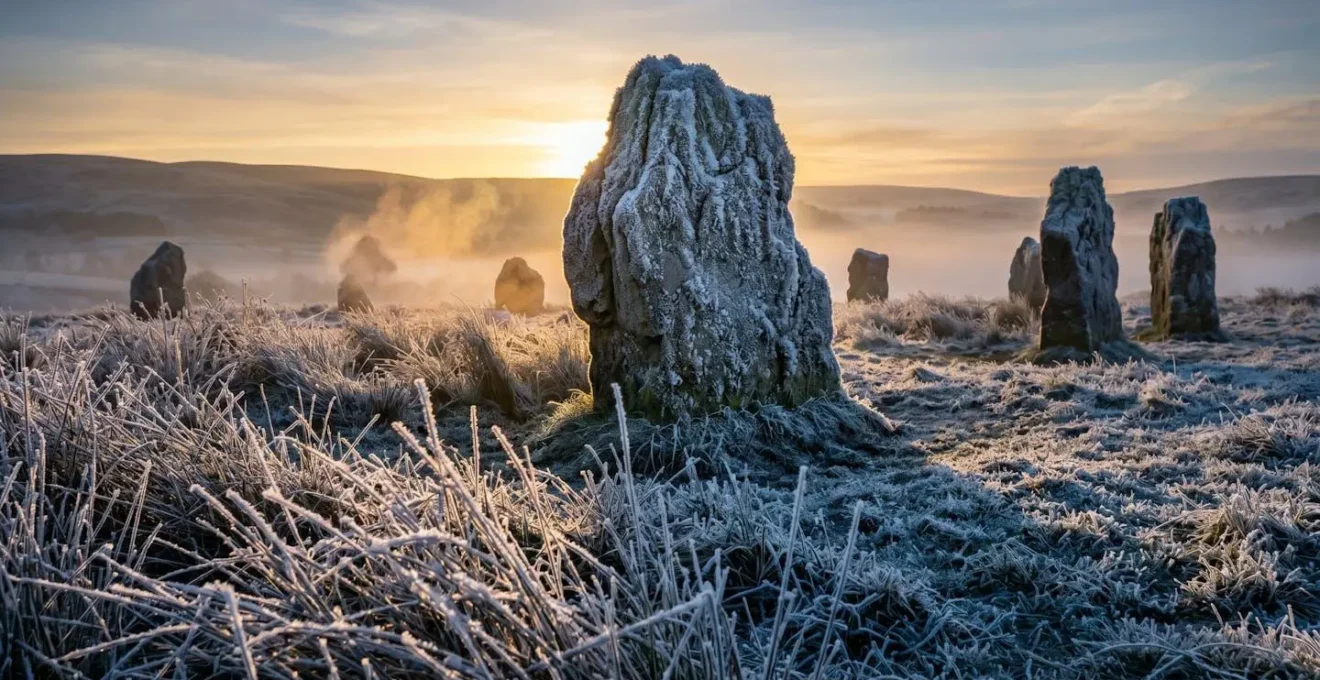 Frozen landscape with ancient stones covered in frost crystals at dawn
