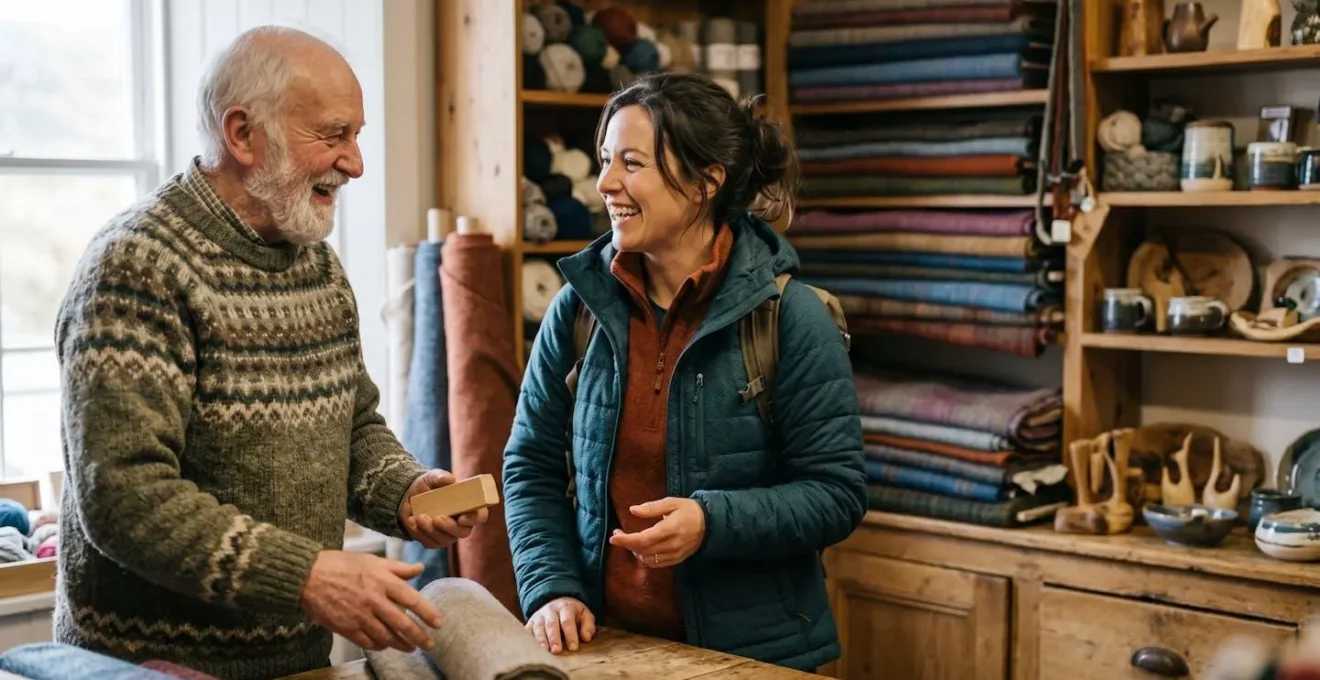 Warm interaction between traveler and local shopkeeper in a cozy Highland craft shop