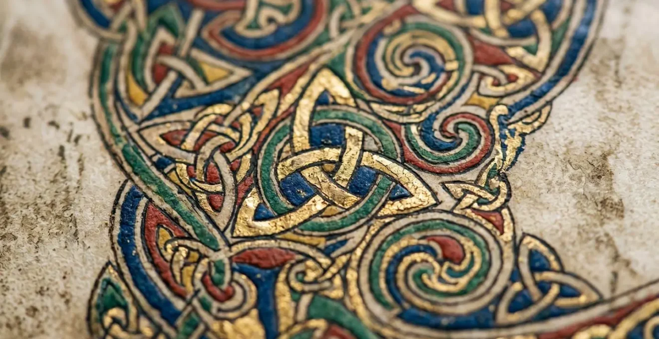 Ancient manuscript page showing intricate Celtic knotwork illumination in macro detail