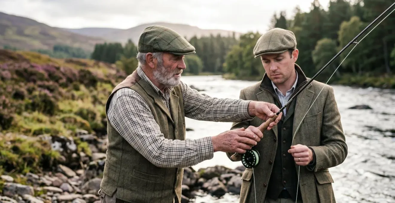 Professional ghillie demonstrating Spey casting technique to an angler on riverbank