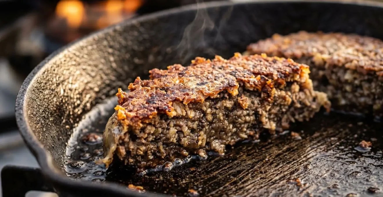 Haggis slices developing a golden crust in a camping pan over a portable stove
