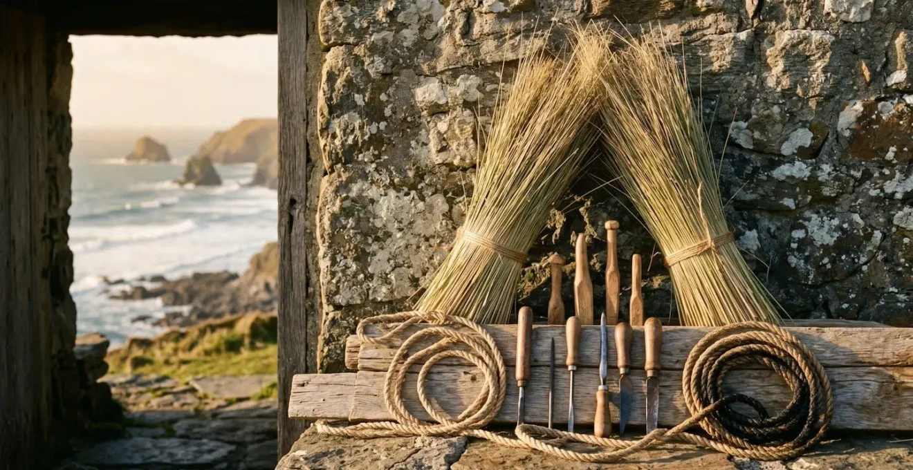 A close-up of traditional marram grass thatching on a Hebridean blackhouse roof