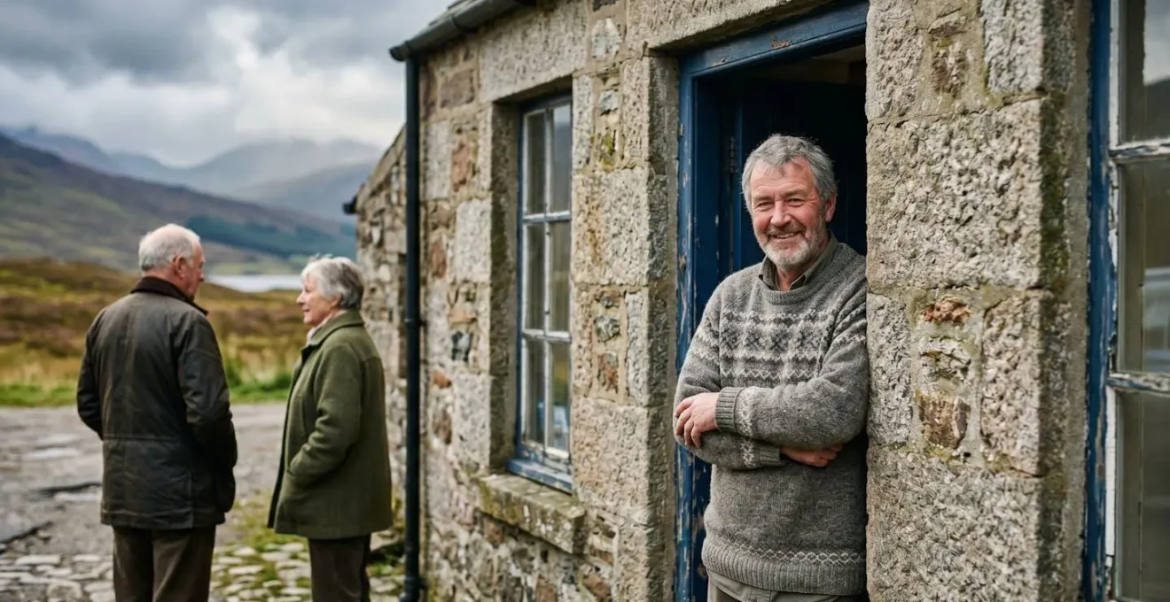 Traditional stone-built community shop in a remote Hebridean village with locals gathering outside