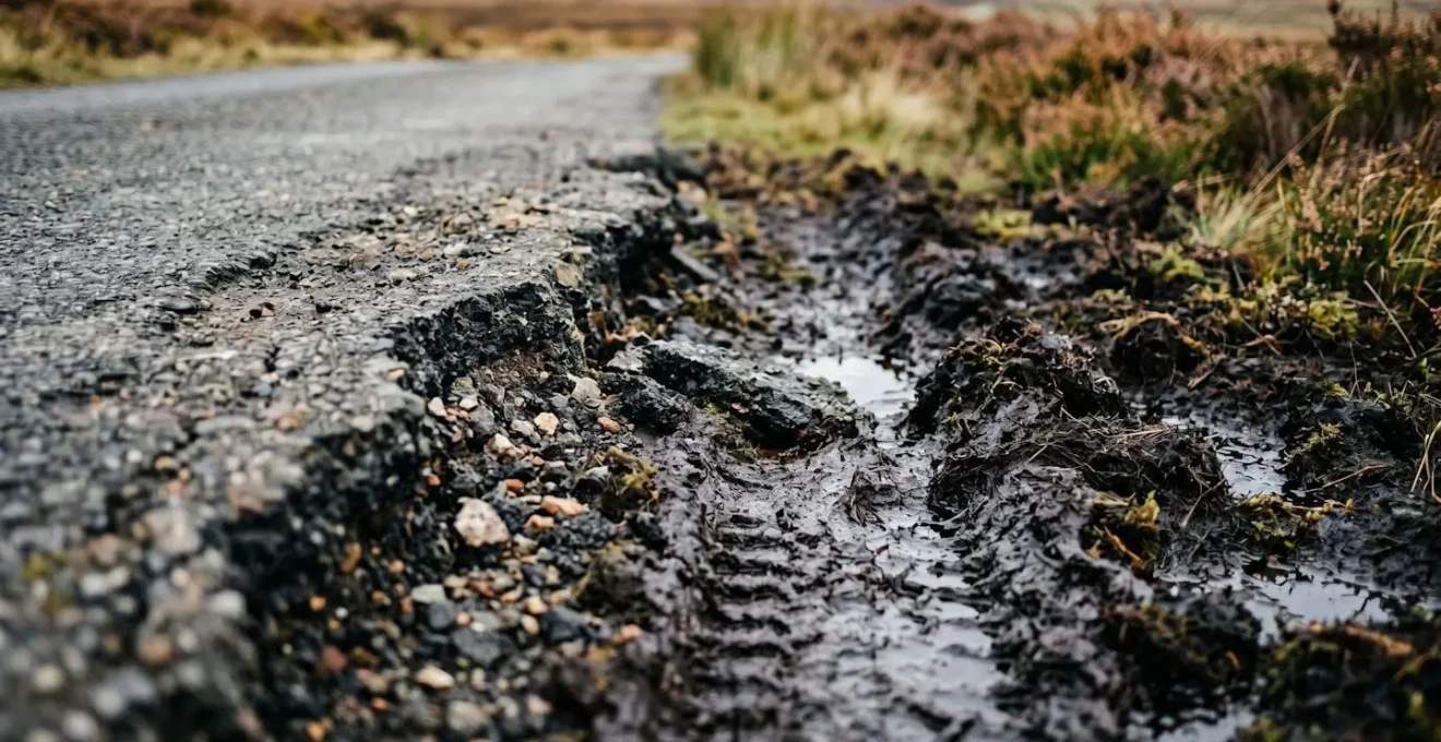 Close-up of a crumbling, soft peat verge on a narrow Hebridean single-track road, showing the danger of straying from the tarmac.