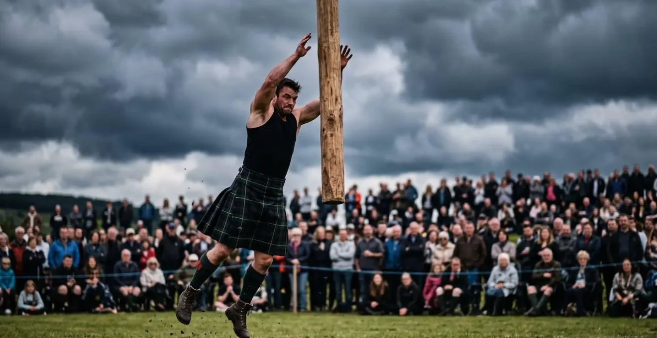 Athletic competitor mid-throw during traditional Scottish caber toss at Highland Games
