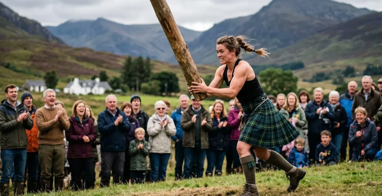 Athletic competitor tossing caber at Highland Games with local crowd in traditional dress watching