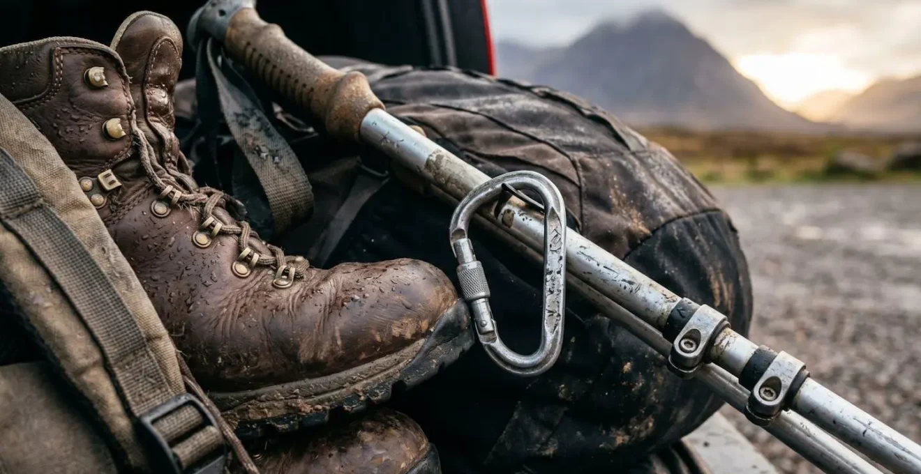 Hikers organizing gear at car boot in Scottish Highlands parking area