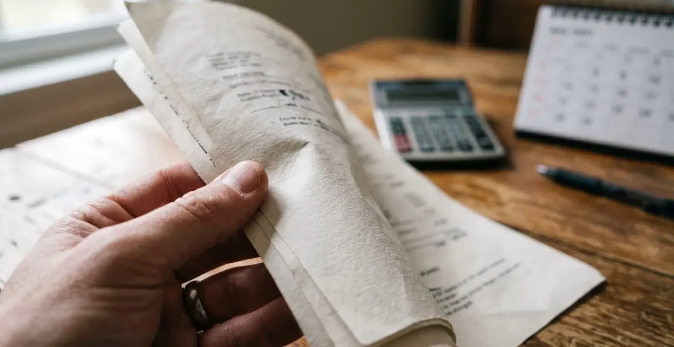 Close-up of hands reviewing holiday booking paperwork with calculator and calendar visible