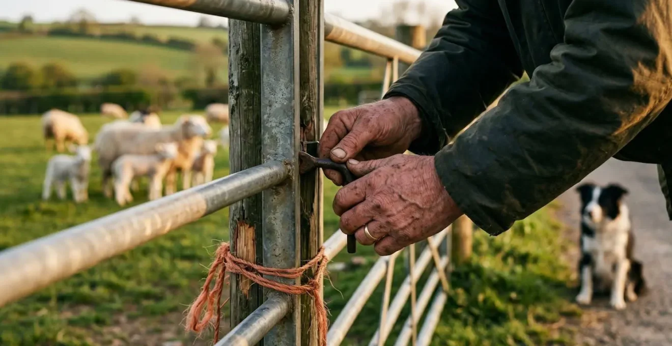 Close portrait of Scottish farmer's weathered hands securing metal farm gate latch