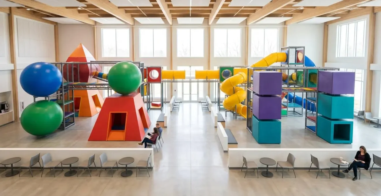 Wide angle view of a spacious indoor play area with colorful equipment and seating areas