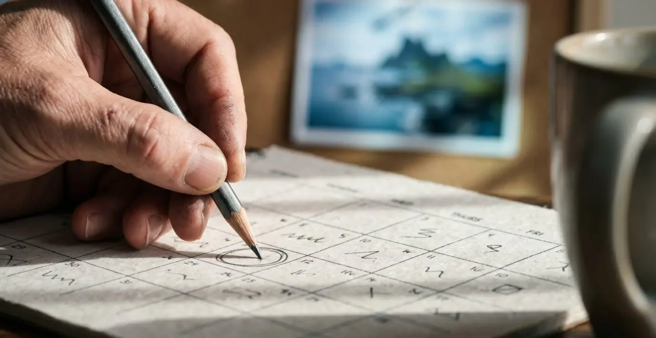 Hands marking dates on a calendar with a photo of the Isle of Skye landscape nearby