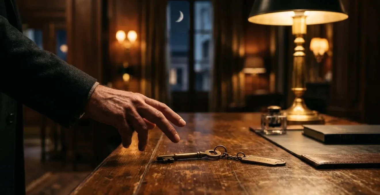 Night scene of a traveler collecting room key from illuminated hotel reception desk