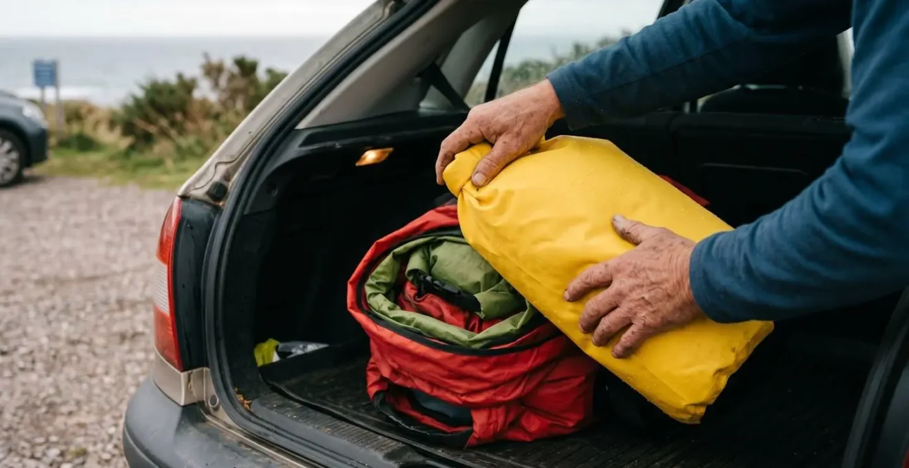 Multi-layered waterproof bag system protecting car interior from wet surfing gear