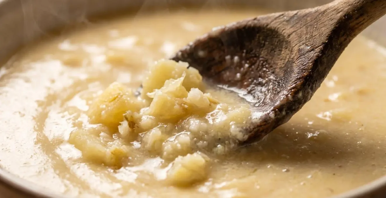 Extreme close-up of potato breaking down into natural starch in creamy soup