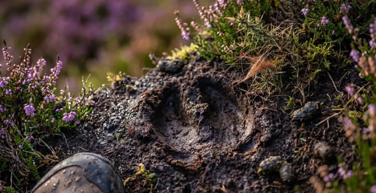 Extreme close-up of red deer hoof print in soft peat beside Scottish heather