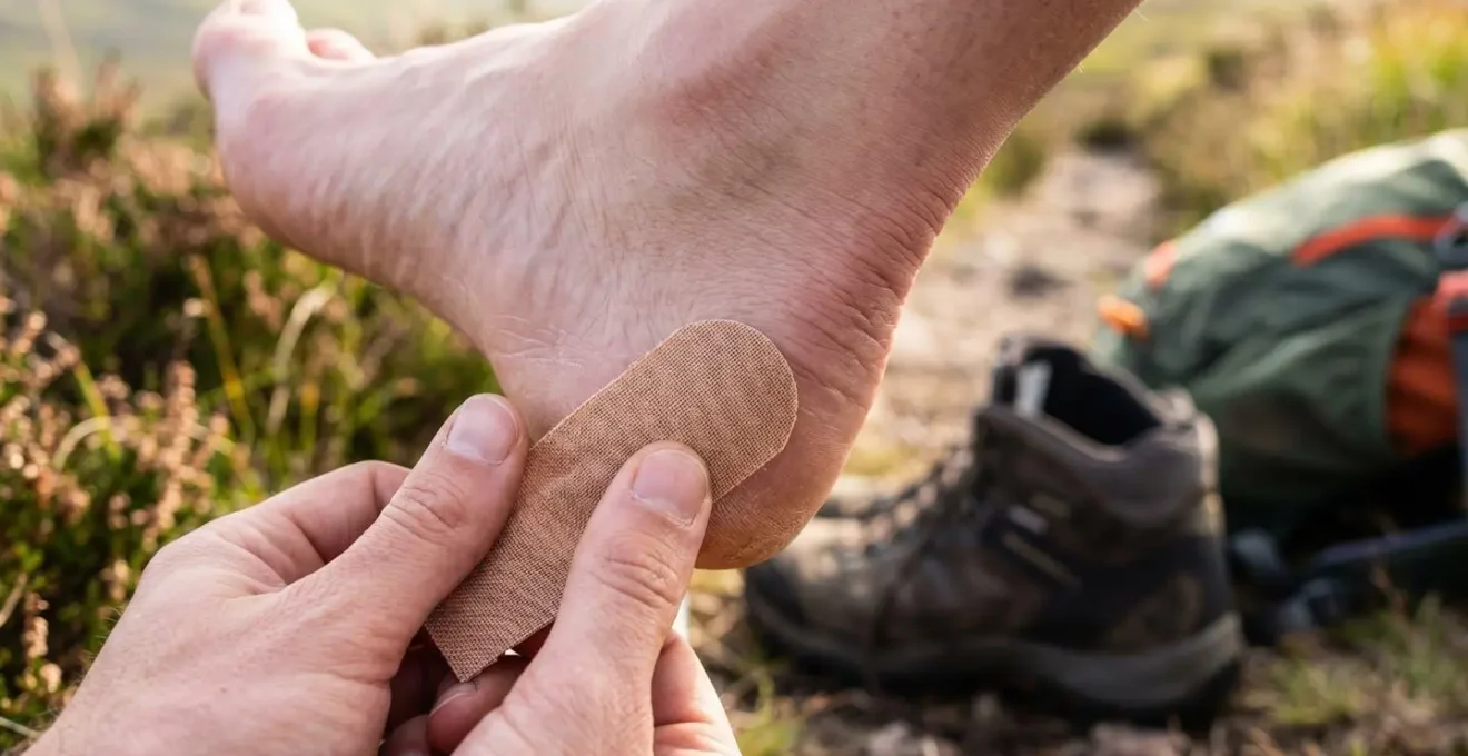 Extreme close-up of protective tape being applied to heel hotspot
