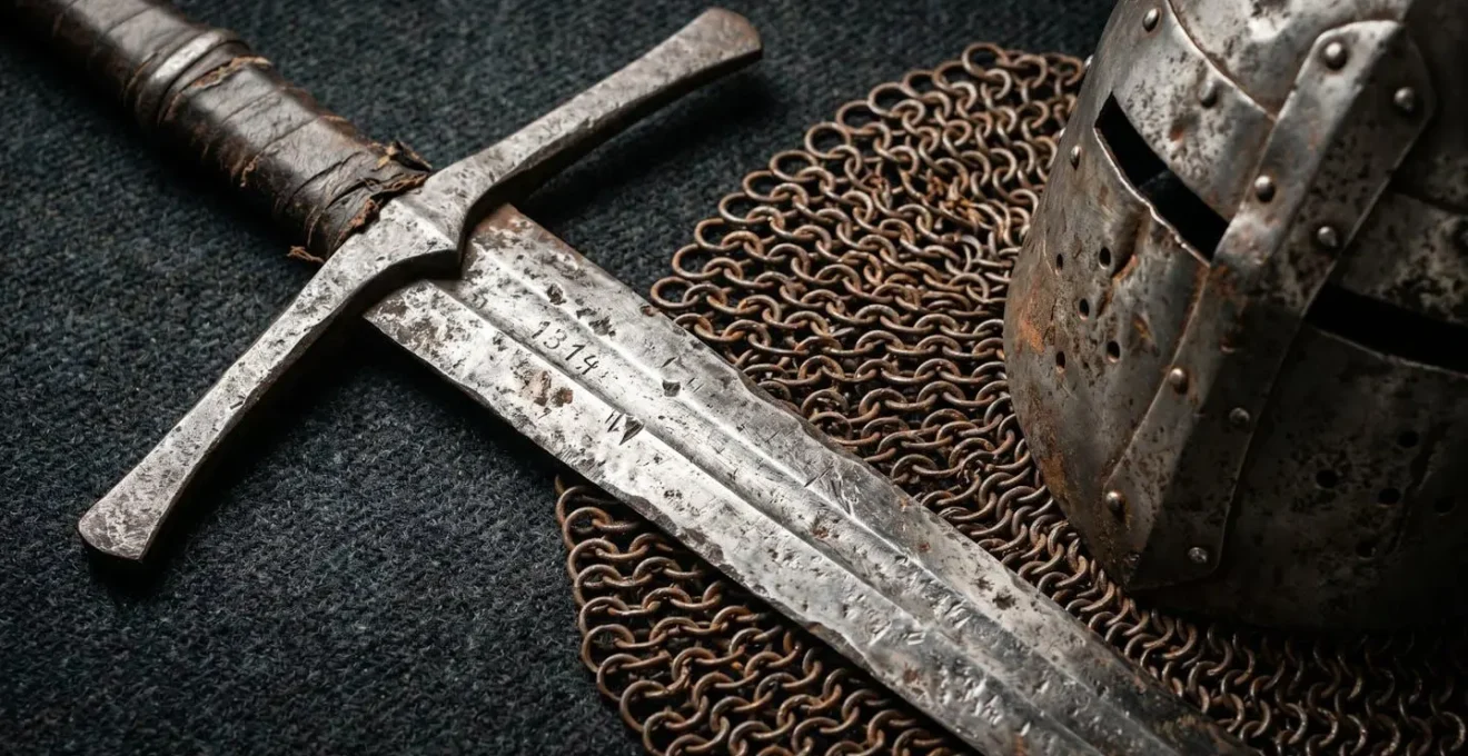 Close-up of authentic medieval Scottish weapons and armor in museum display