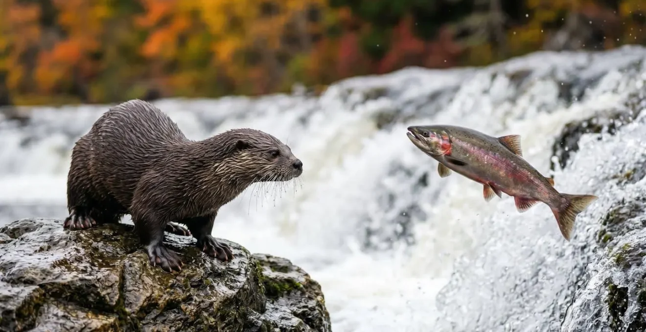 Otter positioned on rocks watching salmon jumping up a Scottish waterfall