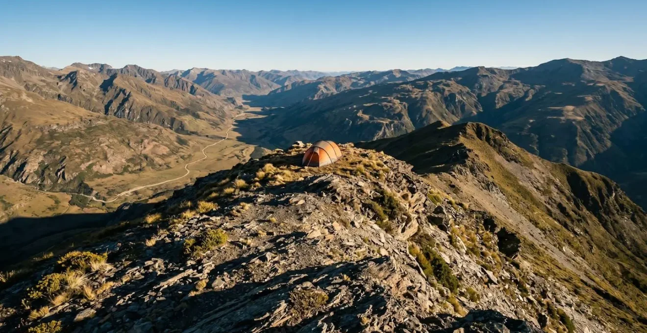 Wide landscape view of tent on elevated ridge far from visible roads