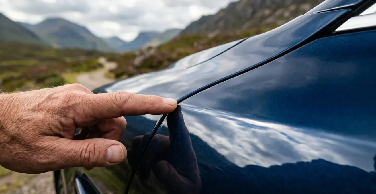 Close-up inspection of rental car details in Scottish setting