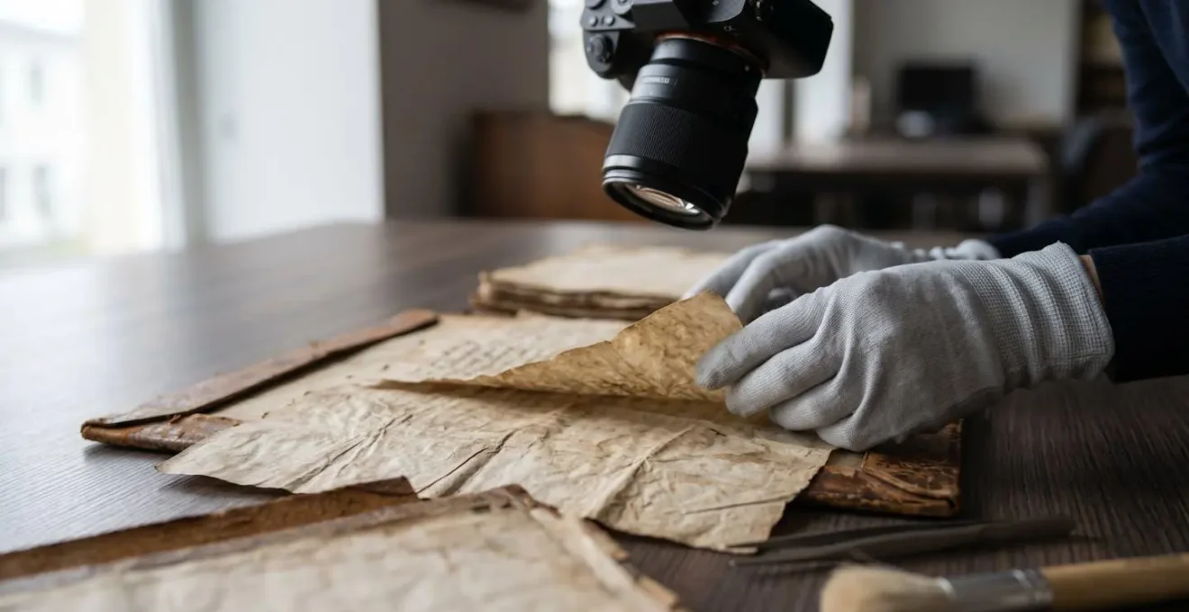 Close-up of hands carefully photographing historical Scottish documents in archive setting