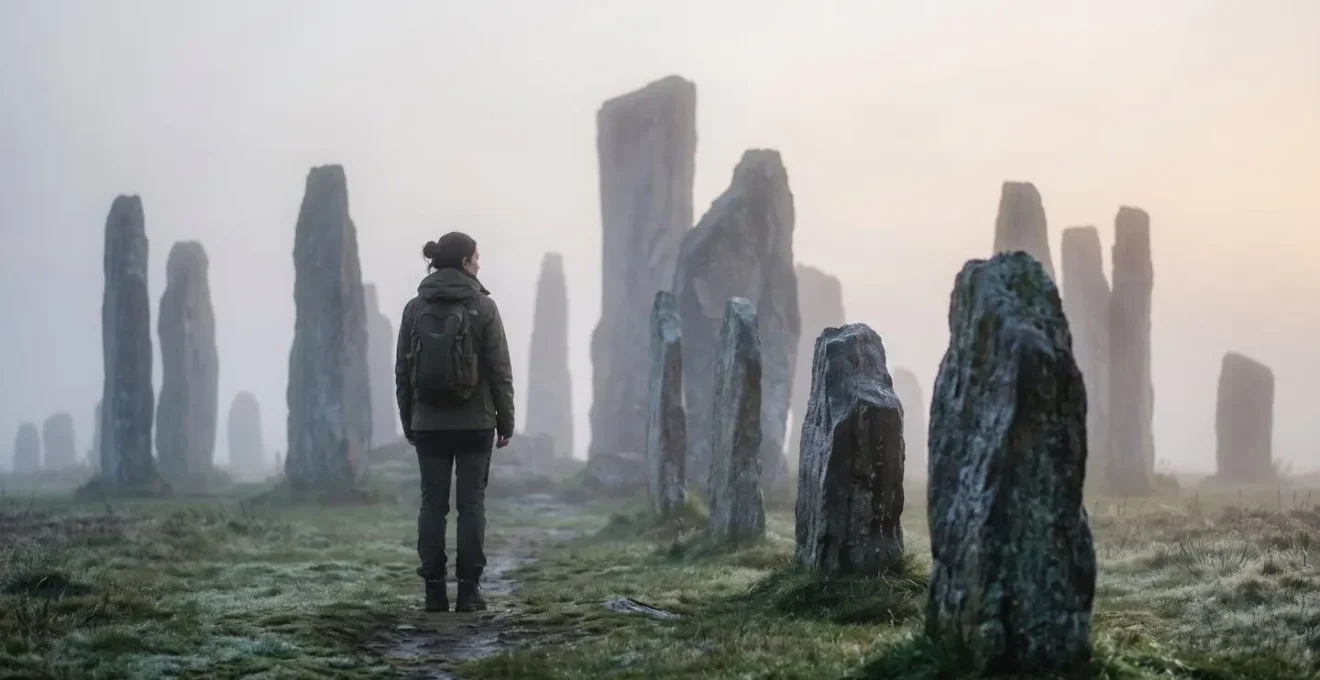 Misty dawn at ancient stone circle with single visitor experiencing solitude