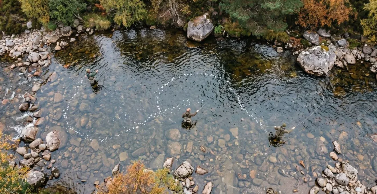 Aerial view of anglers demonstrating proper pool rotation on a Scottish salmon beat