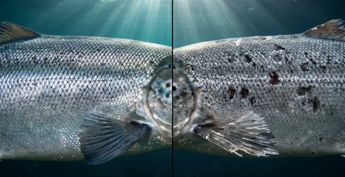 Underwater split view comparing certified farmed salmon conditions with wild salmon habitat