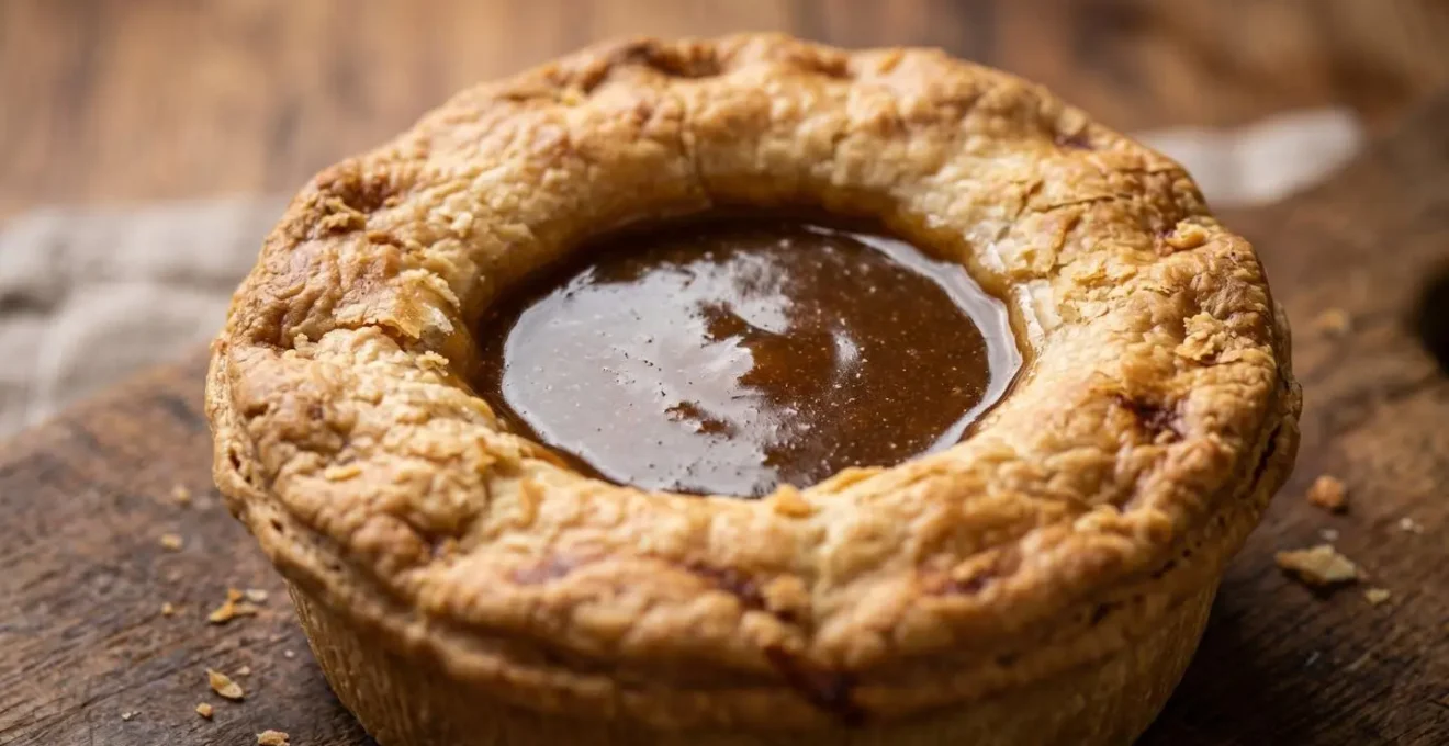 Close-up of Scotch pie with traditional toppings in recessed lid