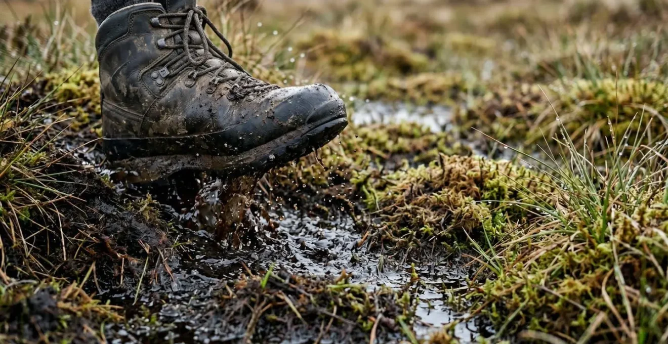 Split-screen comparison showing challenging Scottish bog terrain versus maintained Alpine trail