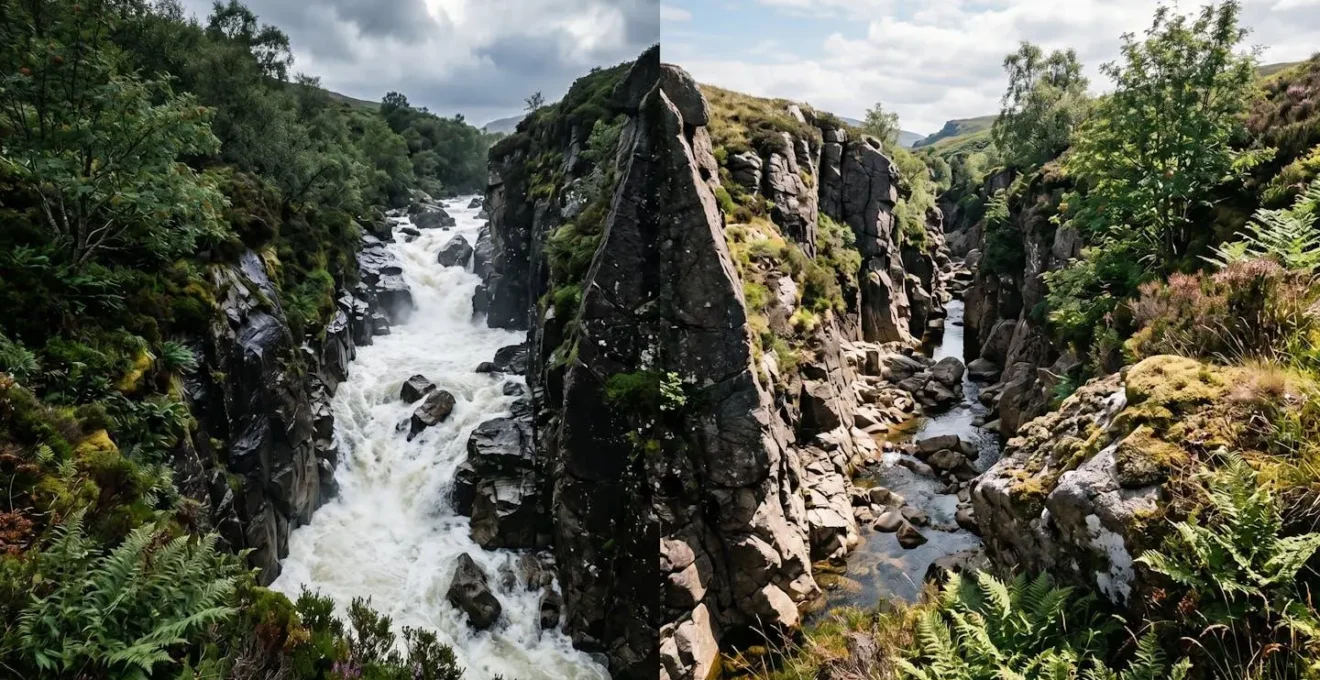 Split-screen view of Scottish canyon showing high spring water flow versus low summer levels