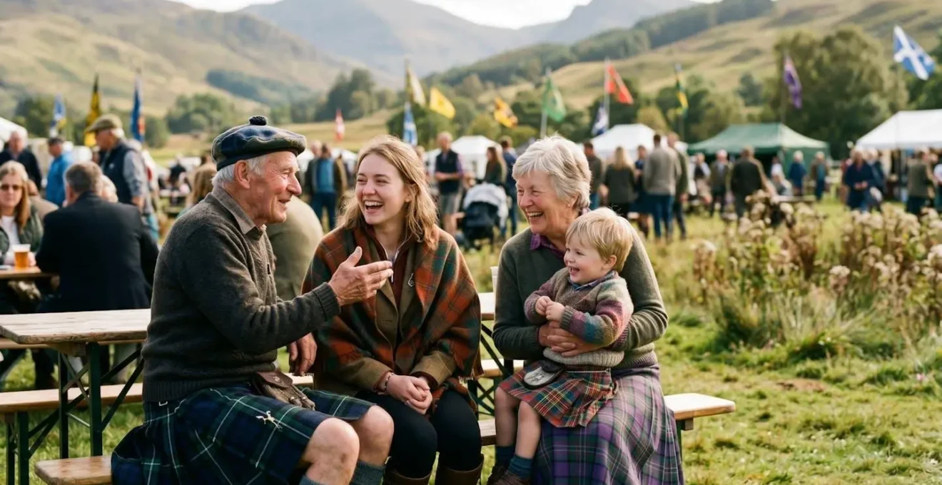 Wide shot of traditional Scottish clan gathering with people in Highland dress during outdoor celebration