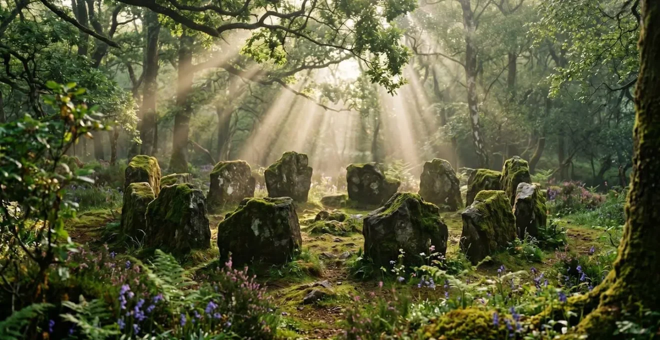 Mystical Scottish fairy glen with ancient moss-covered stones in morning light