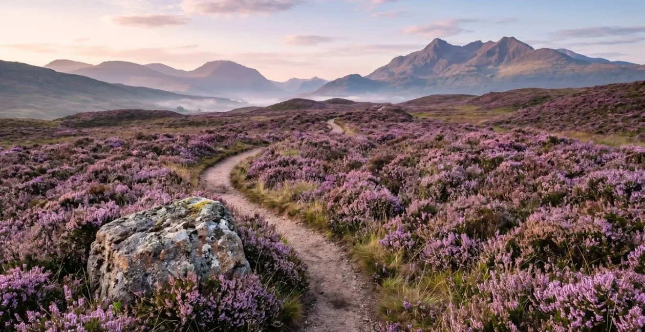 Purple heather covering Highland slopes with mountain peaks