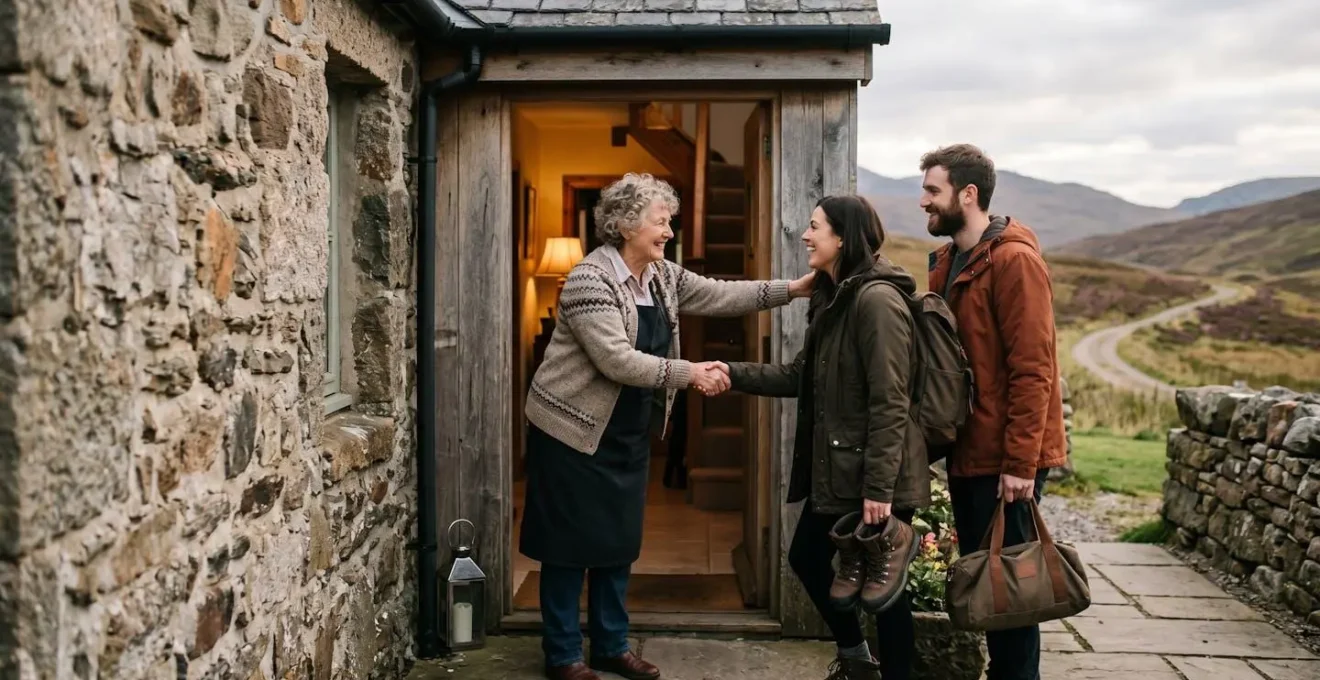Warm entrance of a traditional Scottish Highland B&B with owner greeting guests