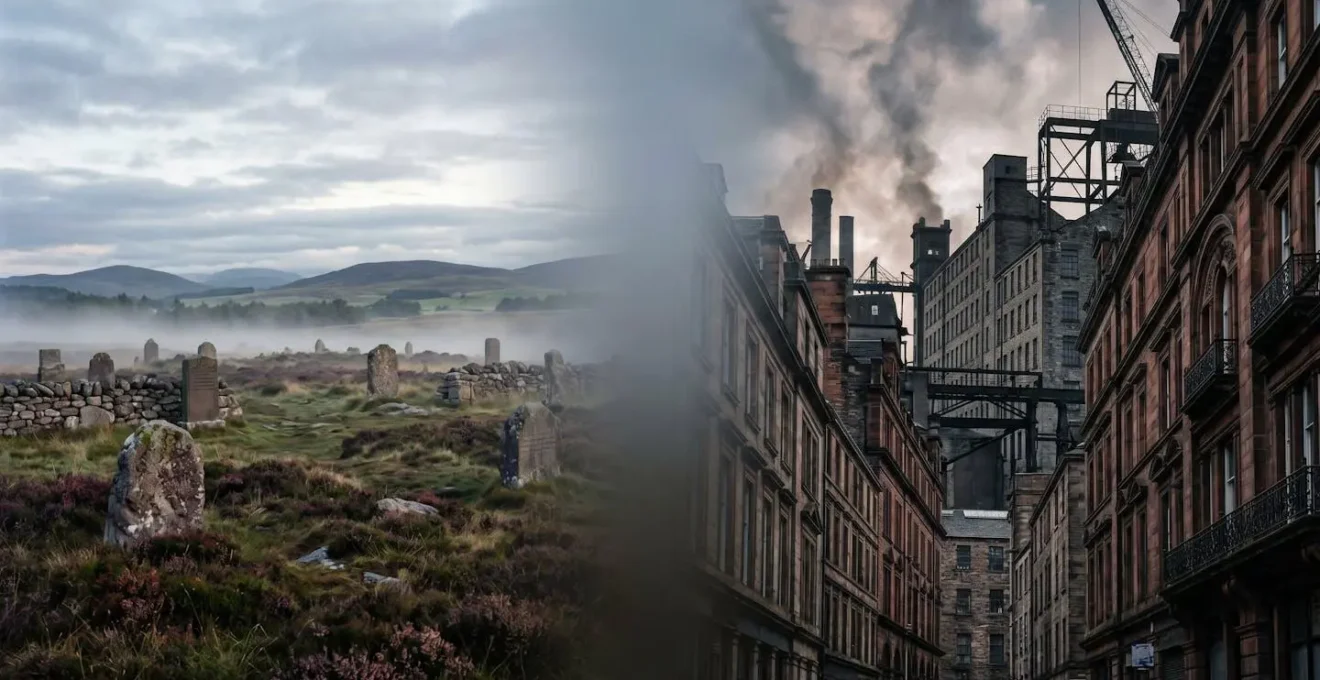 Split scene showing Jacobite battlefield on left and Victorian industrial heritage on right