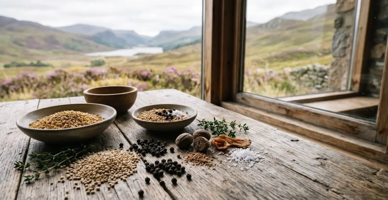 Toasted oatmeal and whole spices arranged on a wooden surface with the Scottish countryside visible through a window