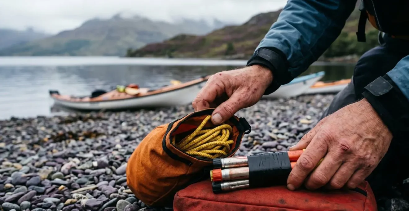 Professional sea kayaking guide examining safety equipment on Scottish loch shore