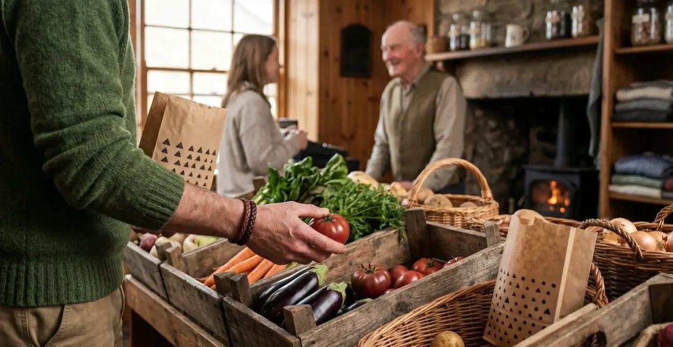 Scottish highland village shop with fresh produce and traveler shopping