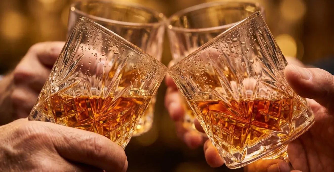 Multiple hands raising whisky glasses in traditional Scottish toast