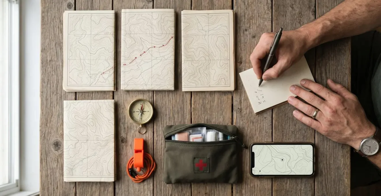 Overhead view of hiker preparing safety documents and emergency gear on wooden table
