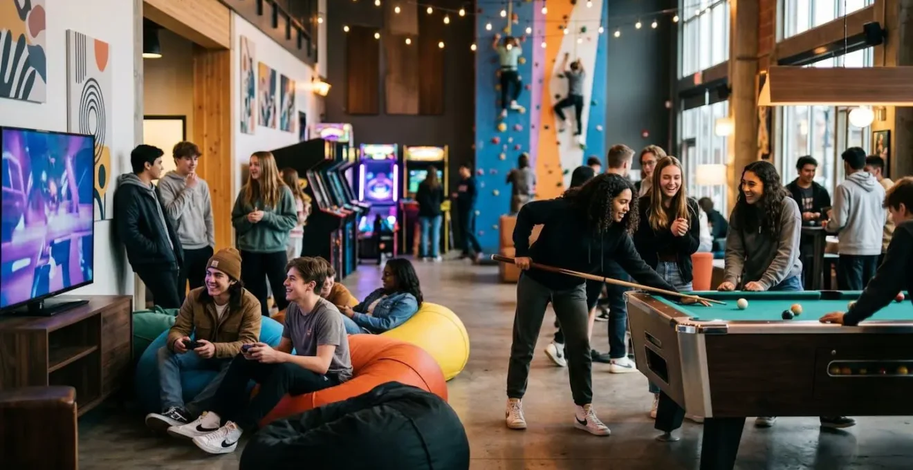 Modern indoor teen lounge with gaming areas and comfortable seating spaces